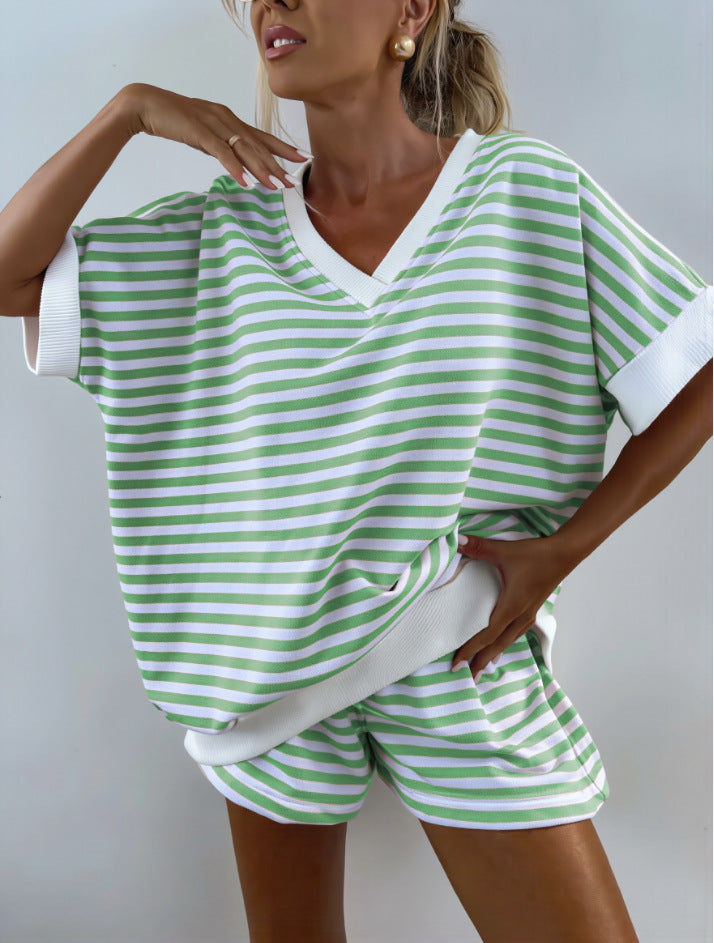 Womens 2-piece Knitted Striped Loose Sweatshirt And High-waisted Shorts Casual Set