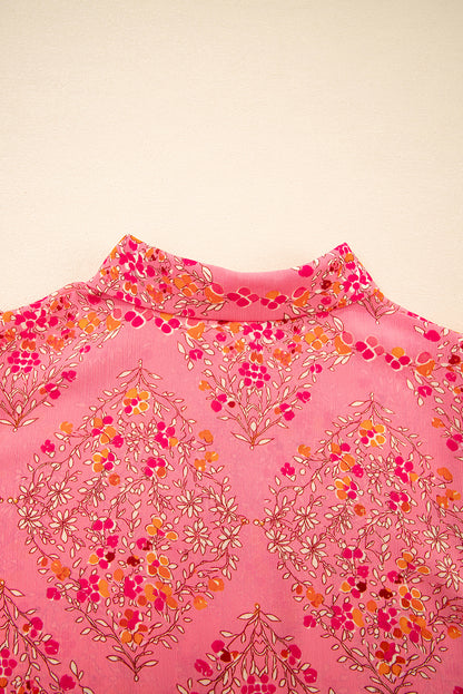 Rose Red Floral Print Wide Short Sleeve Loose Shirt