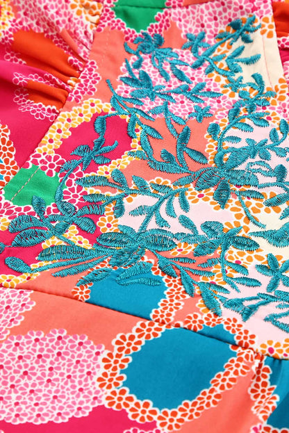 Multicolor Floral Print Smocked Square Neck Ruffles Blouse