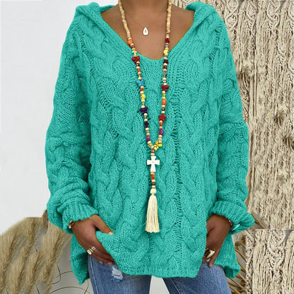 Solid Color Twist Knitted Hoodie Sweater For Women