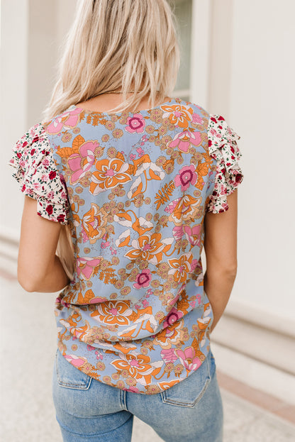 Brown Vintage Floral Smocked Bodice Flare Sleeve Tiered Long Dress