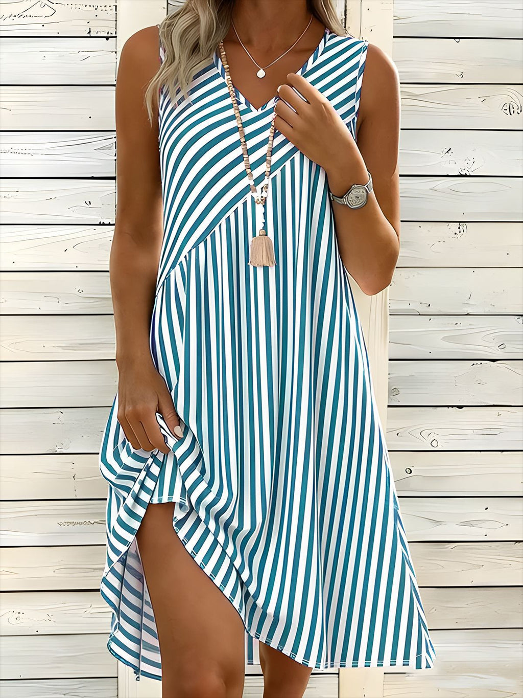 3D Printed Striped Casual Loose Fitting Dress