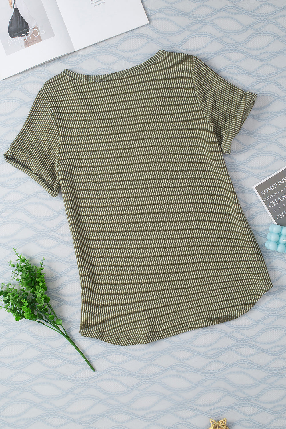 Carbon Grey Twist Short Sleeve Corded V Neck Top