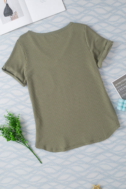 Carbon Grey Twist Short Sleeve Corded V Neck Top