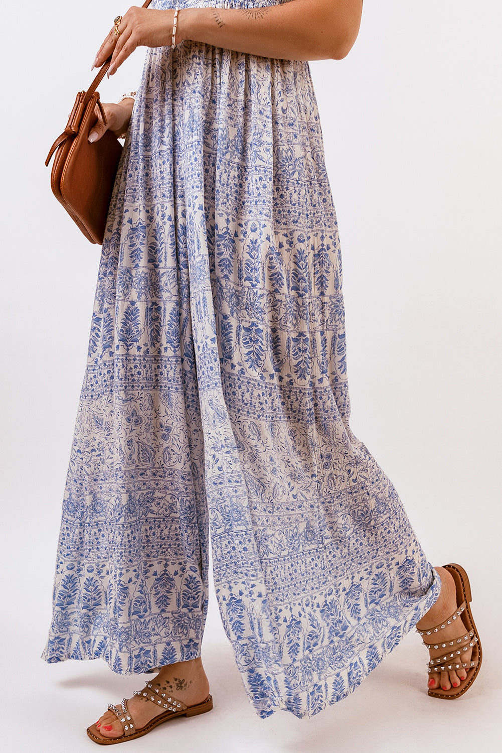 Blue Tube Smocked Wide Leg Floral Jumpsuit