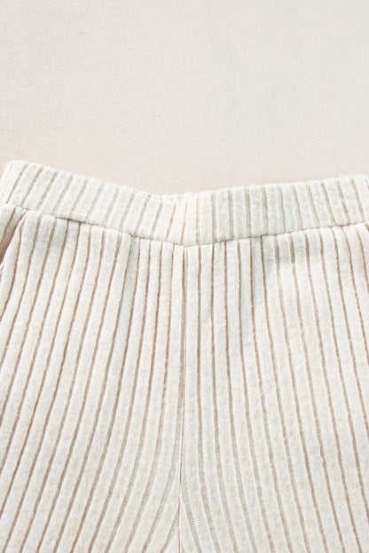 Beige Ribbed Drop Shoulder Henley Top Wide Leg Pants Set