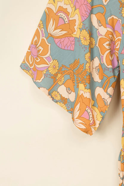 Brown Vintage Floral Smocked Bodice Flare Sleeve Tiered Long Dress