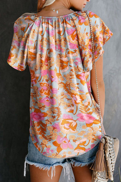 Brown Vintage Floral Smocked Bodice Flare Sleeve Tiered Long Dress