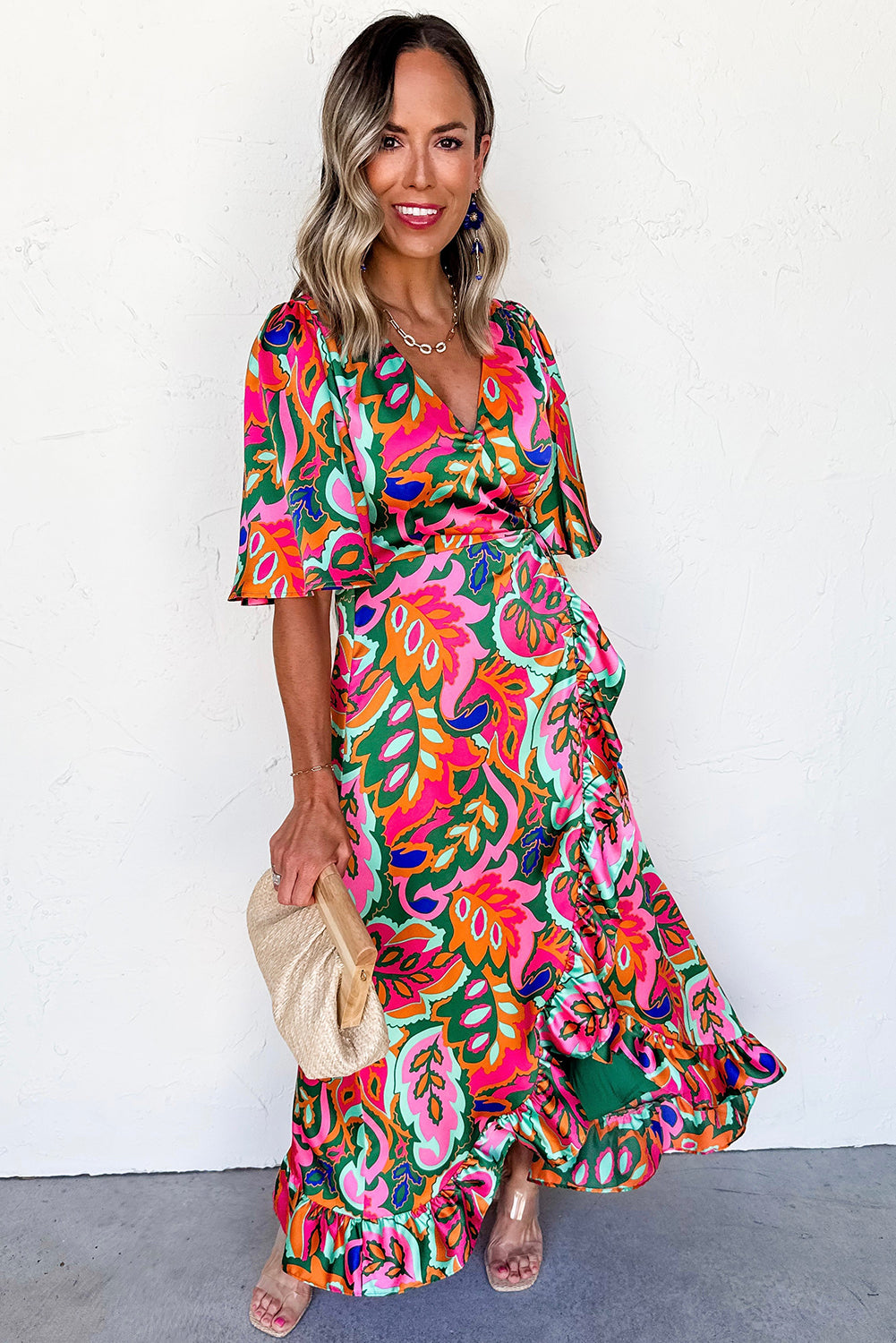 Rose Summer Plant Print Surpliced V Neck Ruffled Asymmetric Slit Wide Short Sleeve Maxi Dress
