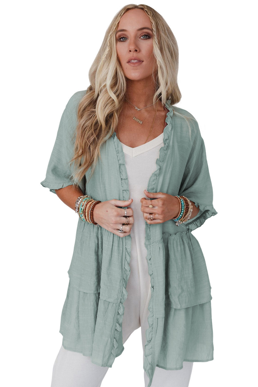 Gray Ruffled Trim Half Sleeve Open Front Kimono