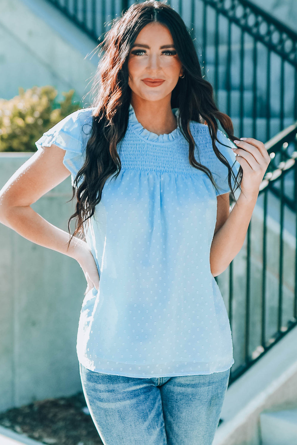 Green Tiered Sleeve Frilled Neck Dotted Top