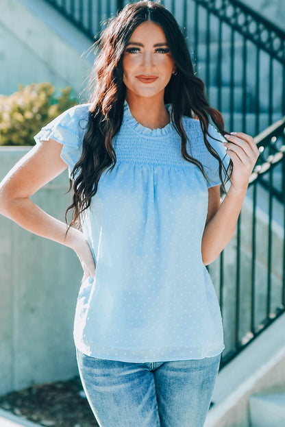 Green Tiered Sleeve Frilled Neck Dotted Top