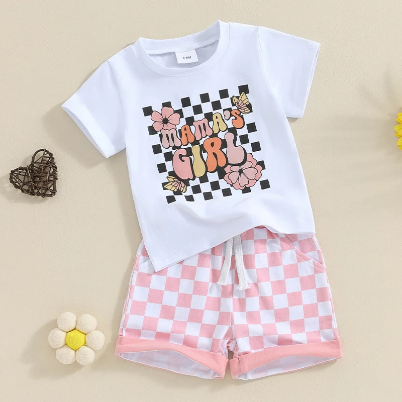 English Letter Short Sleeve Tie-neck Plaid Shorts Children Suit