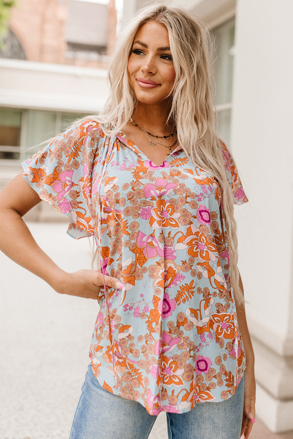 Brown Vintage Floral Smocked Bodice Flare Sleeve Tiered Long Dress