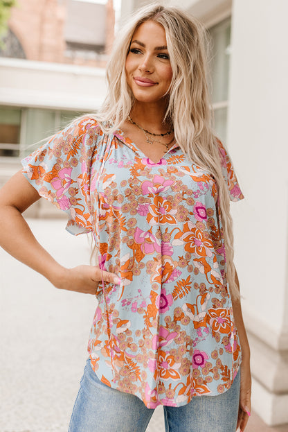 Brown Vintage Floral Smocked Bodice Flare Sleeve Tiered Long Dress