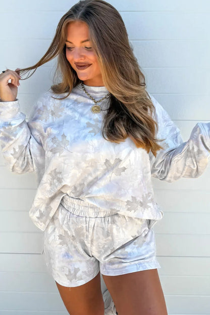 Beige Camo Print Pullover Top and Elastic Waist Casual Short Set