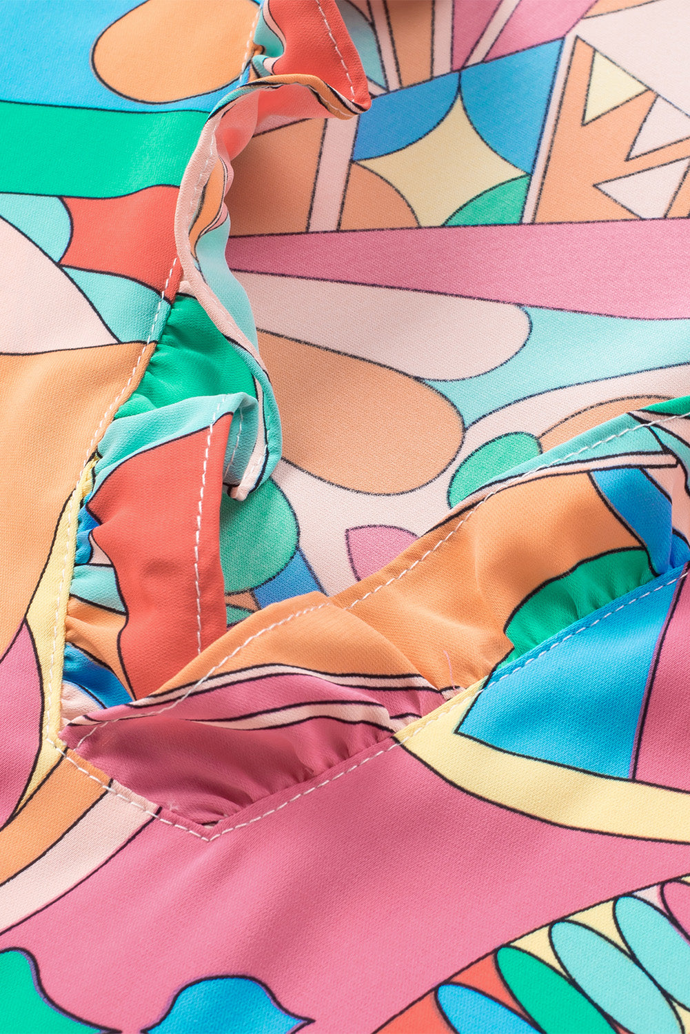 Multicolor Geometric Print Split Neck Ruffle Tiered Mini Dress