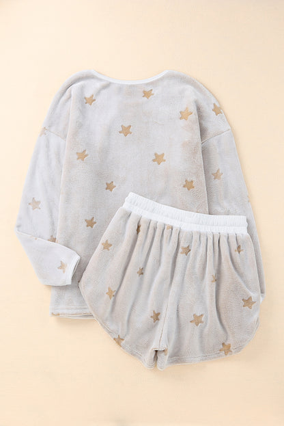 White Plus Size Plush Star Pattern Top and Shorts Set
