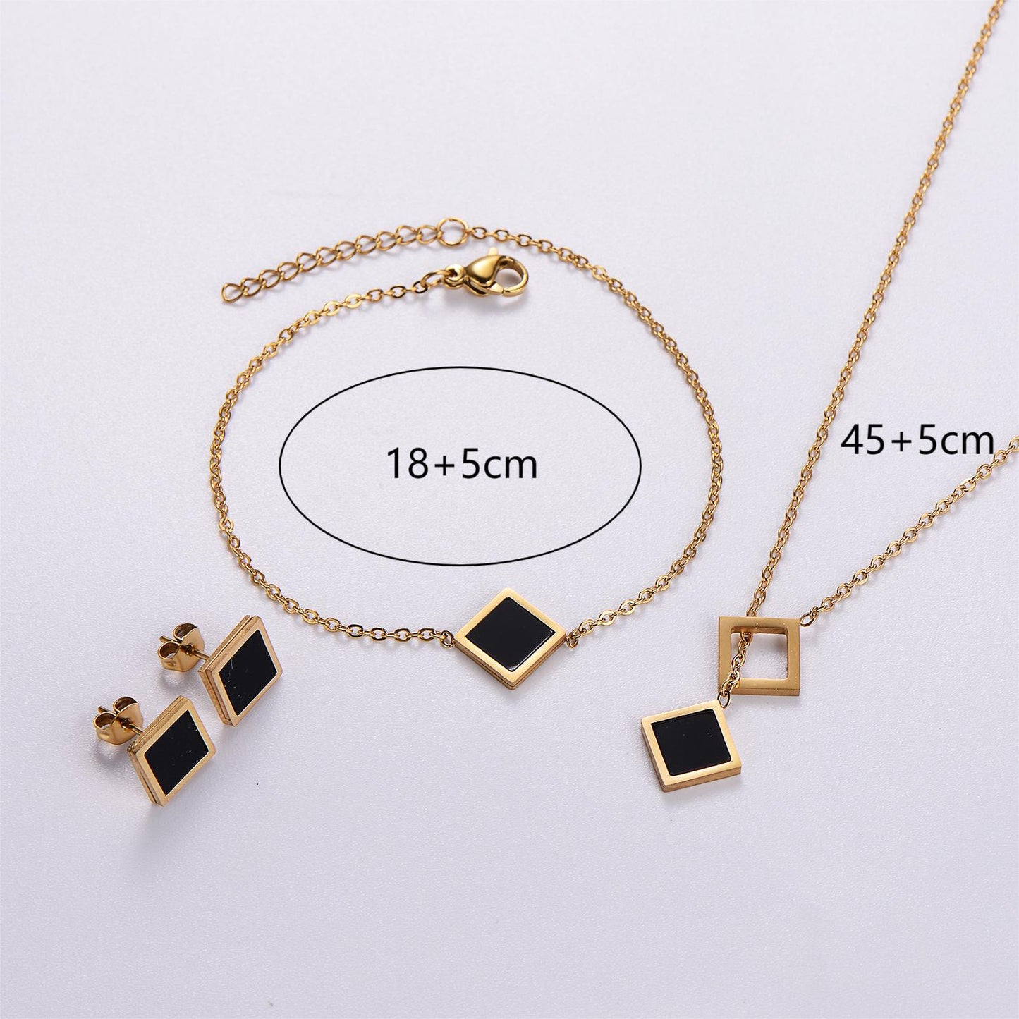 Stainless Steel Niche Temperament Lucky 18K Square Ear Studs Bracelet Necklace
