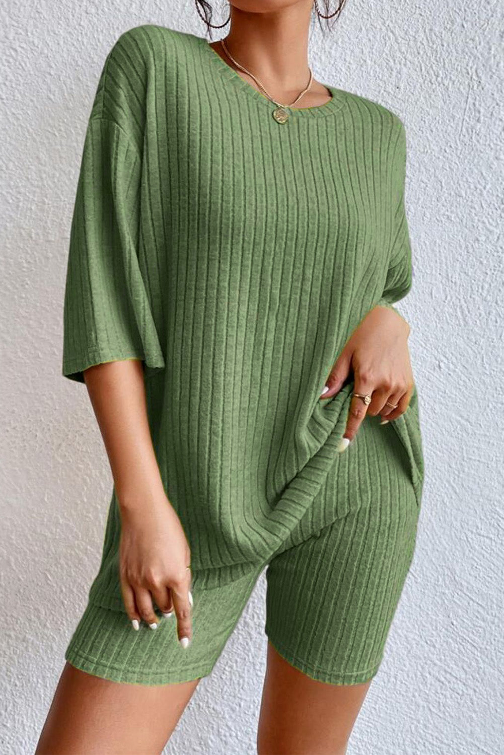 Apricot Ribbed Knit Loose Long Sleeve Top Skinny Pants Set