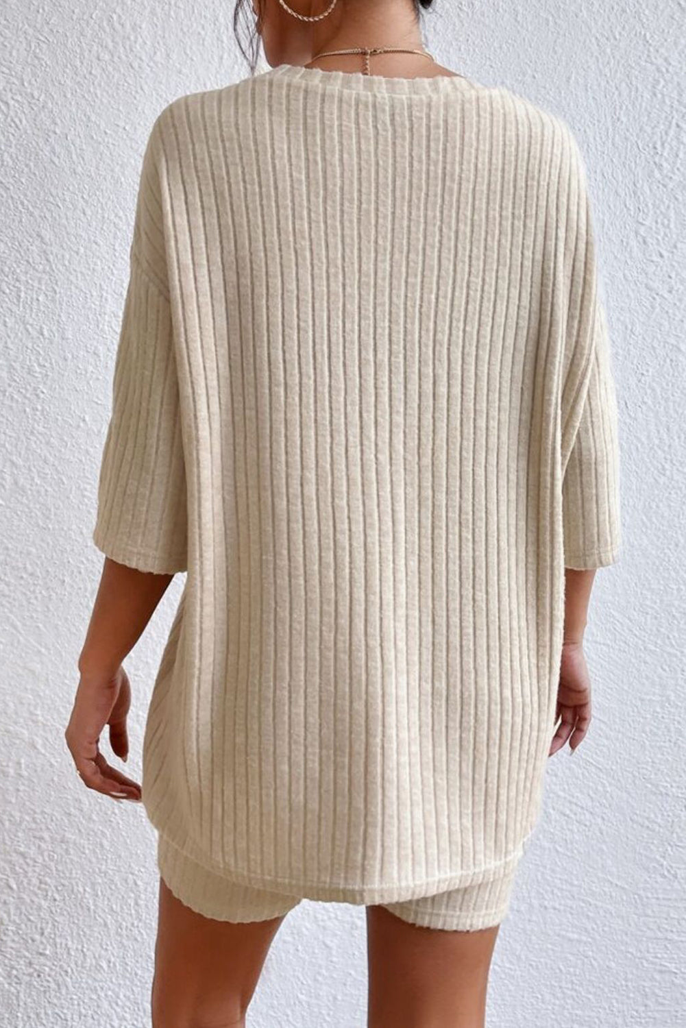 Beige Ribbed Drop Shoulder Henley Top Wide Leg Pants Set