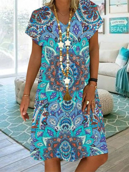 Summer Printed V-Neck Loose A-Line Dress Plus Size Women's Clothing