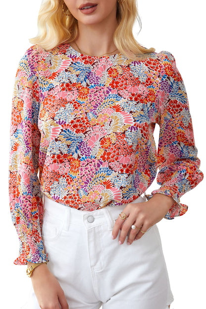 Red Cakewalk Floral Smocked Blouse