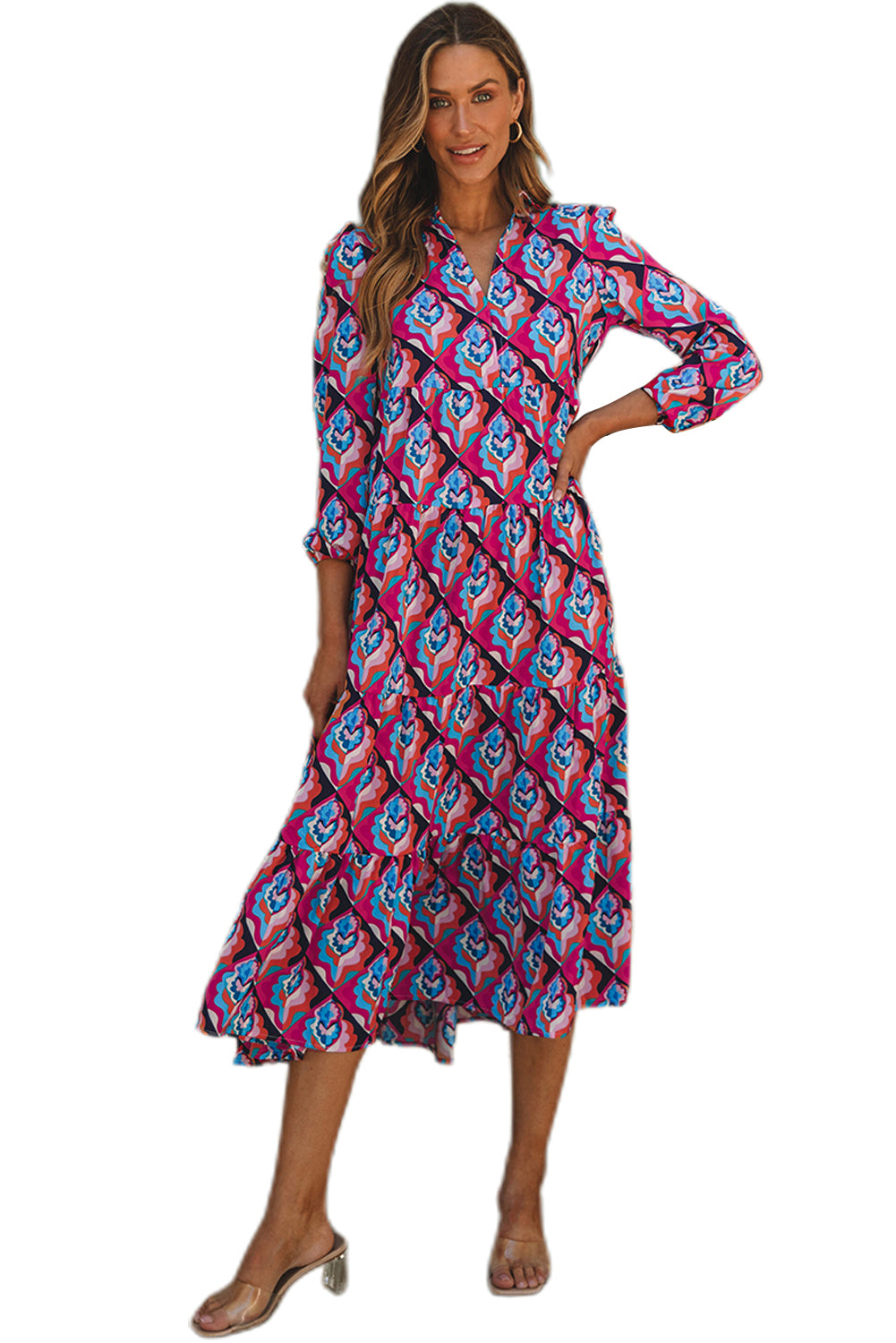 Multicolor Abstract Geometric Print Long Sleeve High Waist Dress