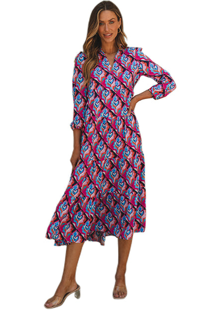 Multicolor Abstract Geometric Print Long Sleeve High Waist Dress