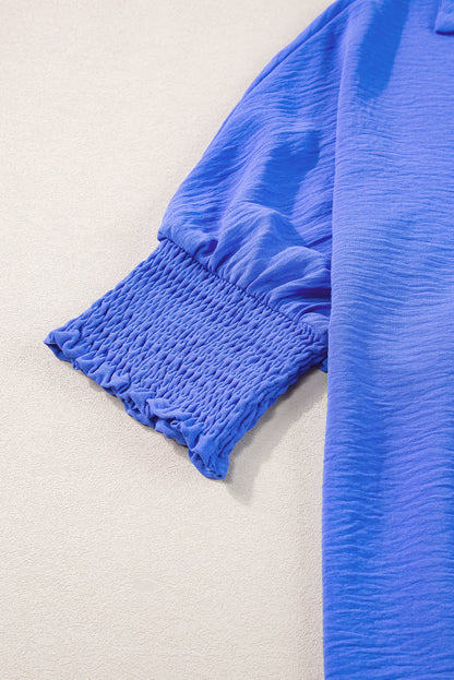 Dark Blue Boxy Collared Smocked Sleeve Cuffs Blouse