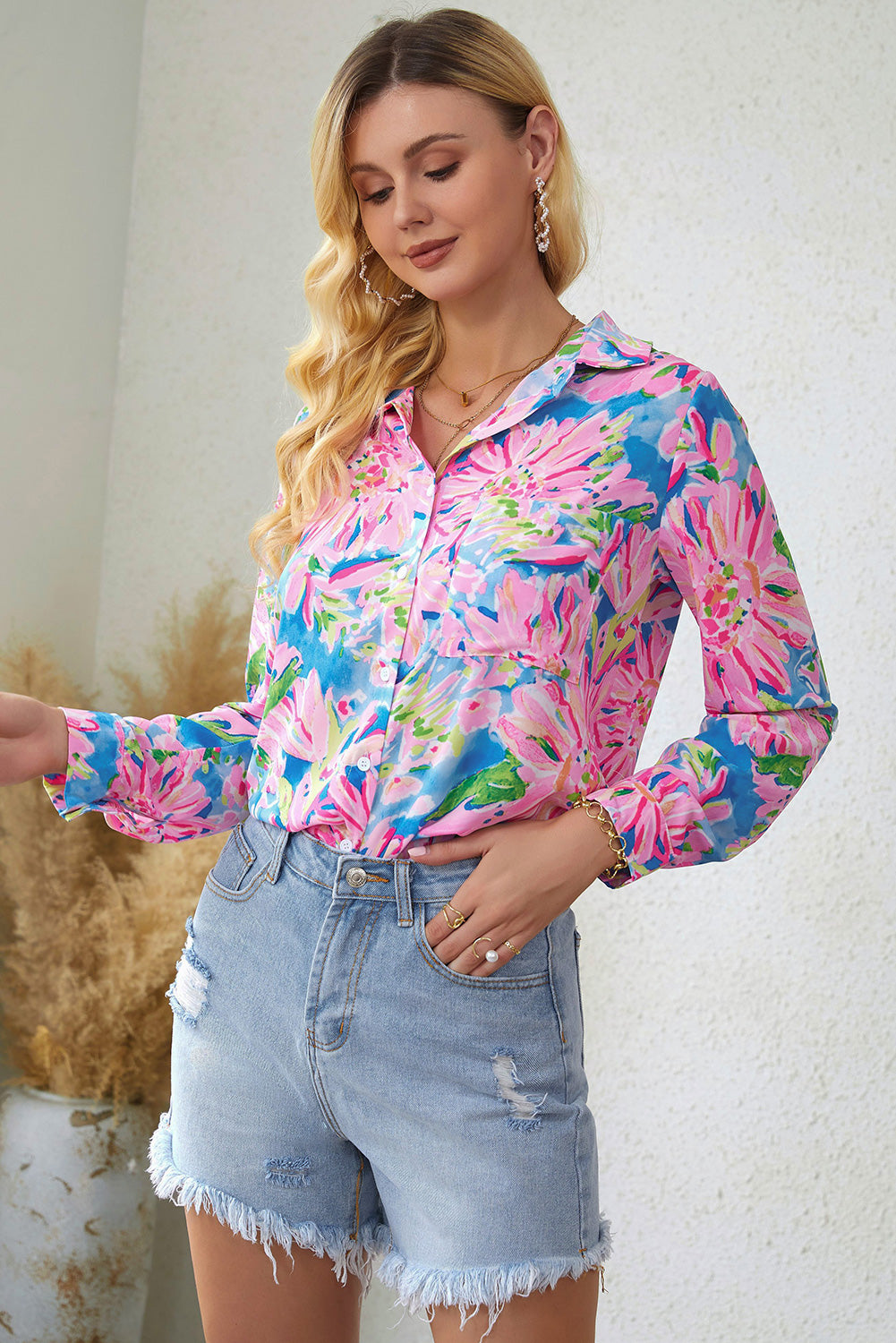 Pink Floral Print Buttoned V Neck Shirt