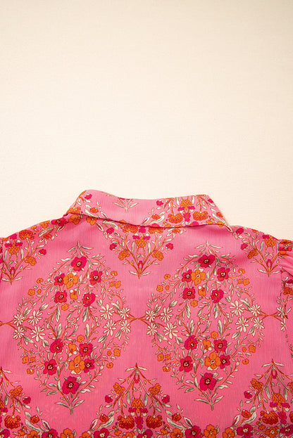 Rose Red Floral Print Wide Short Sleeve Loose Shirt