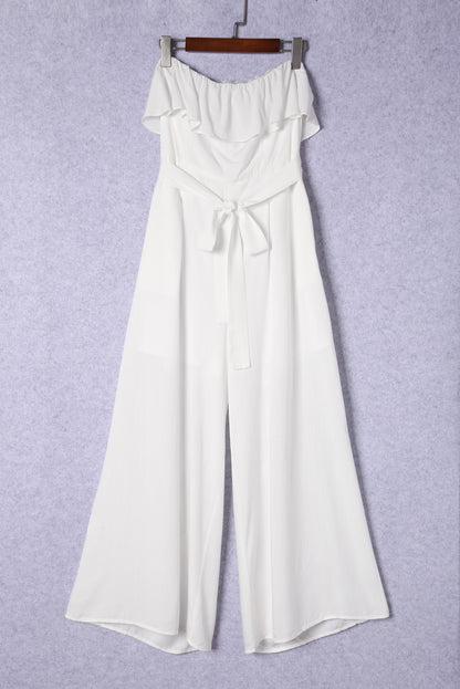 White Ruffled Bandeau Wide Leg Jumpsuit