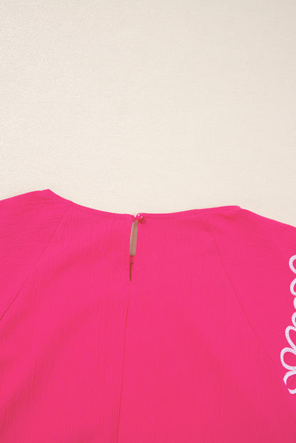 Strawberry Pink Floral Embroidered Flutter Sleeve Pleated O Neck Plus Size Blouse