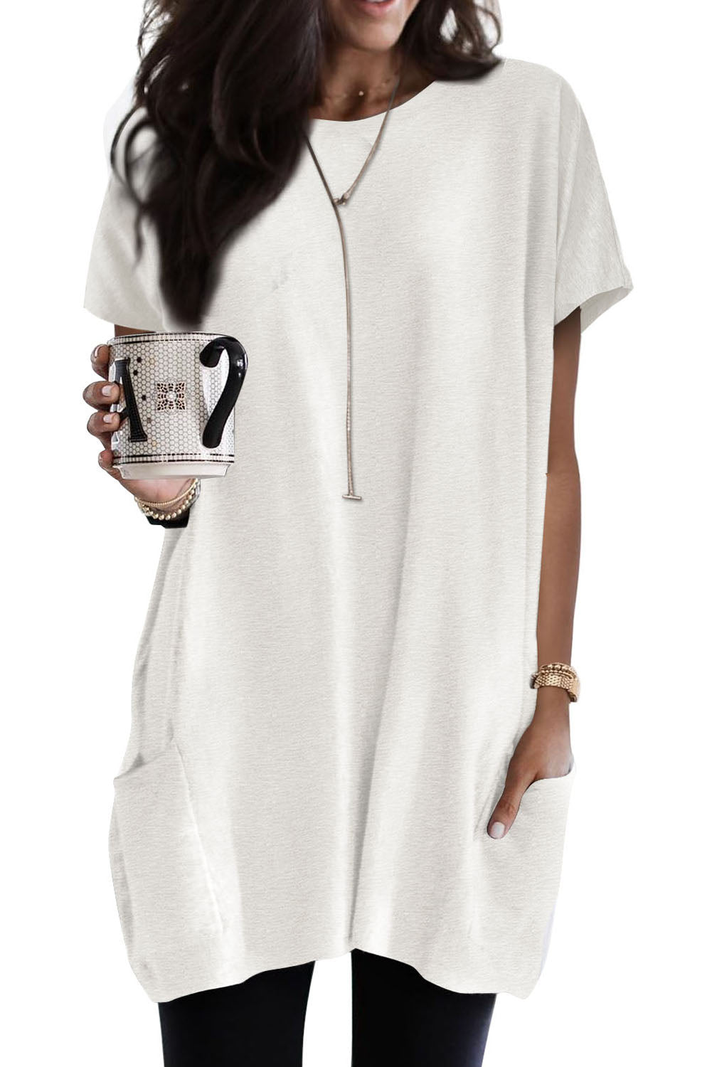 Khaki Side Pockets Short Sleeve Tunic Top