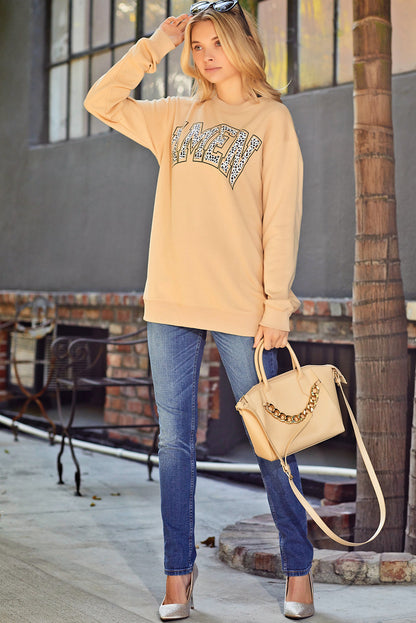 Pink AMEN Leopard Letter Print Oversized Pullover Sweatshirt