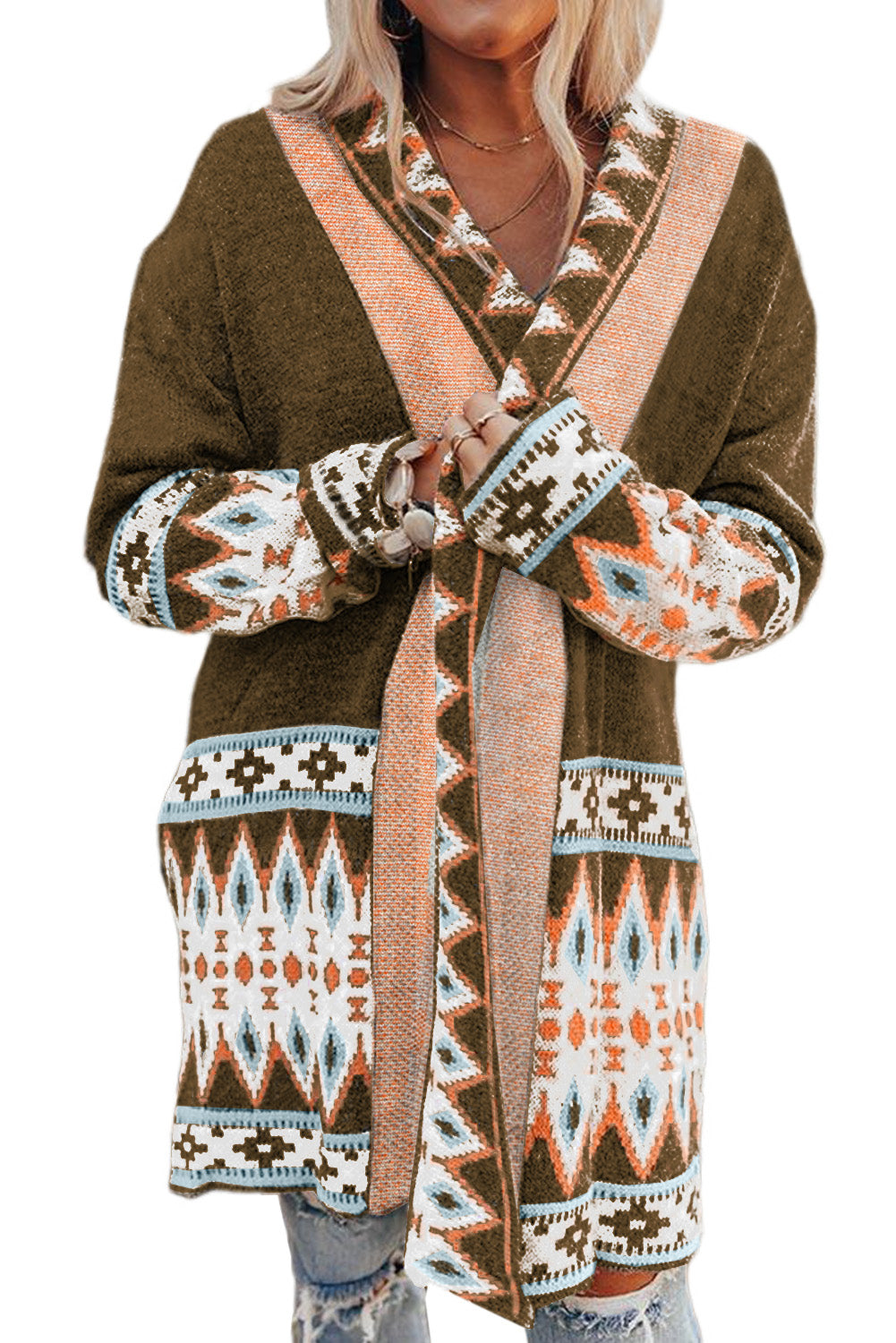 Orange Printed Aztec Print Open Front Knitted Cardigan