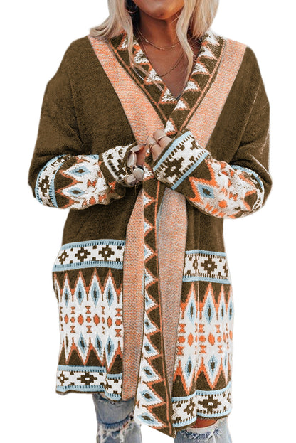Orange Printed Aztec Print Open Front Knitted Cardigan