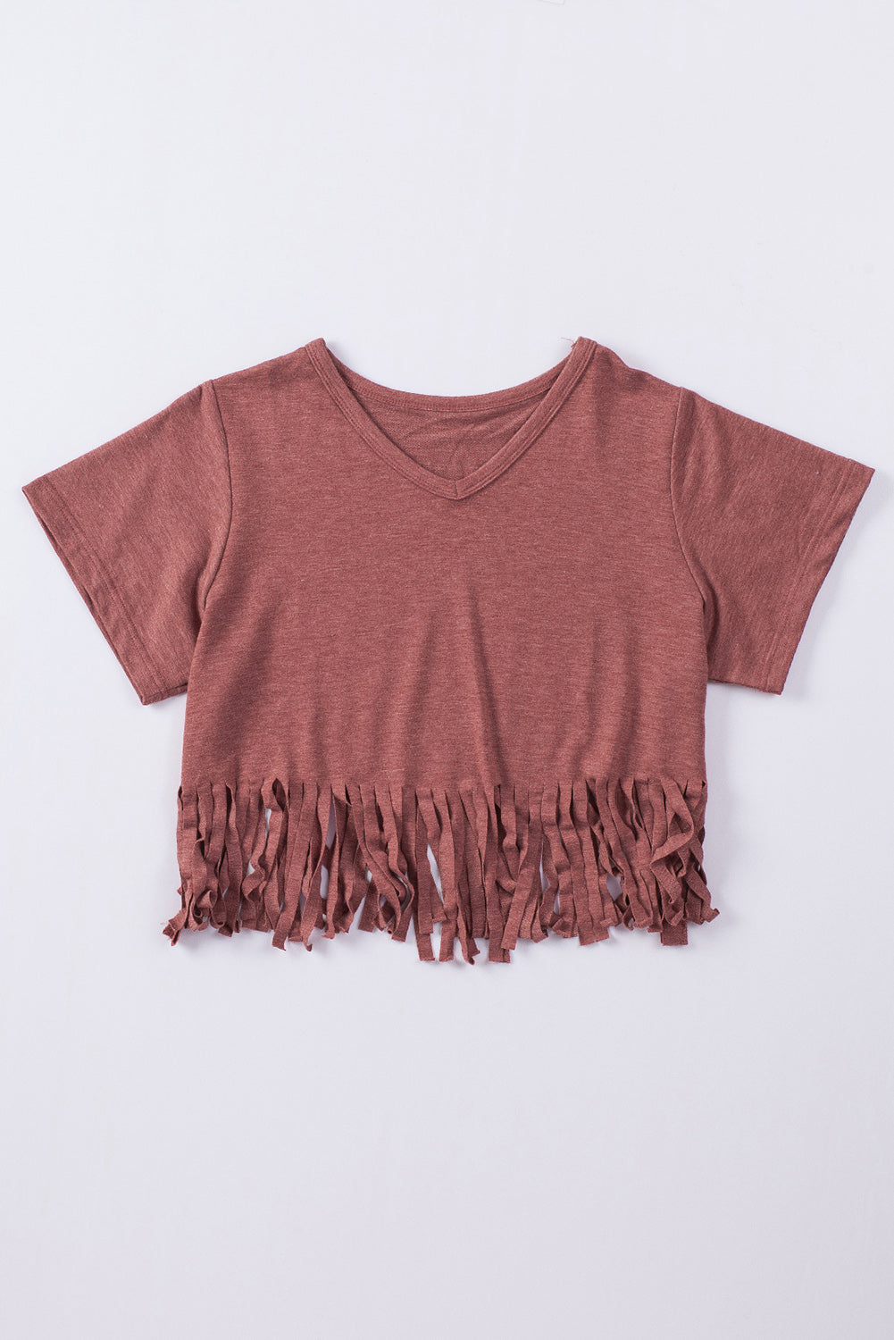 Red Fringe Hem V Neck T Shirt