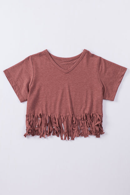 Red Fringe Hem V Neck T Shirt