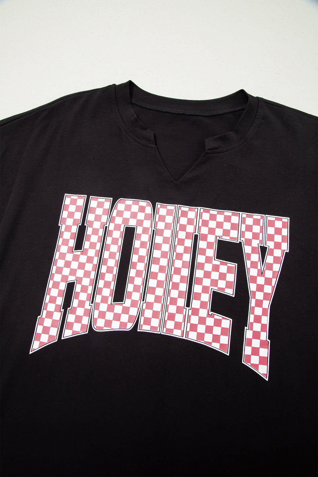 Black V Neck HONEY Tee Contrasted Checkered Pant Set