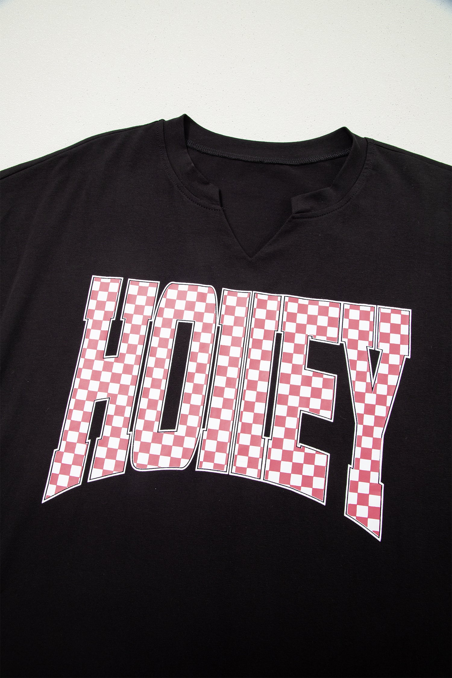 Black V Neck HONEY Tee Contrasted Checkered Pant Set
