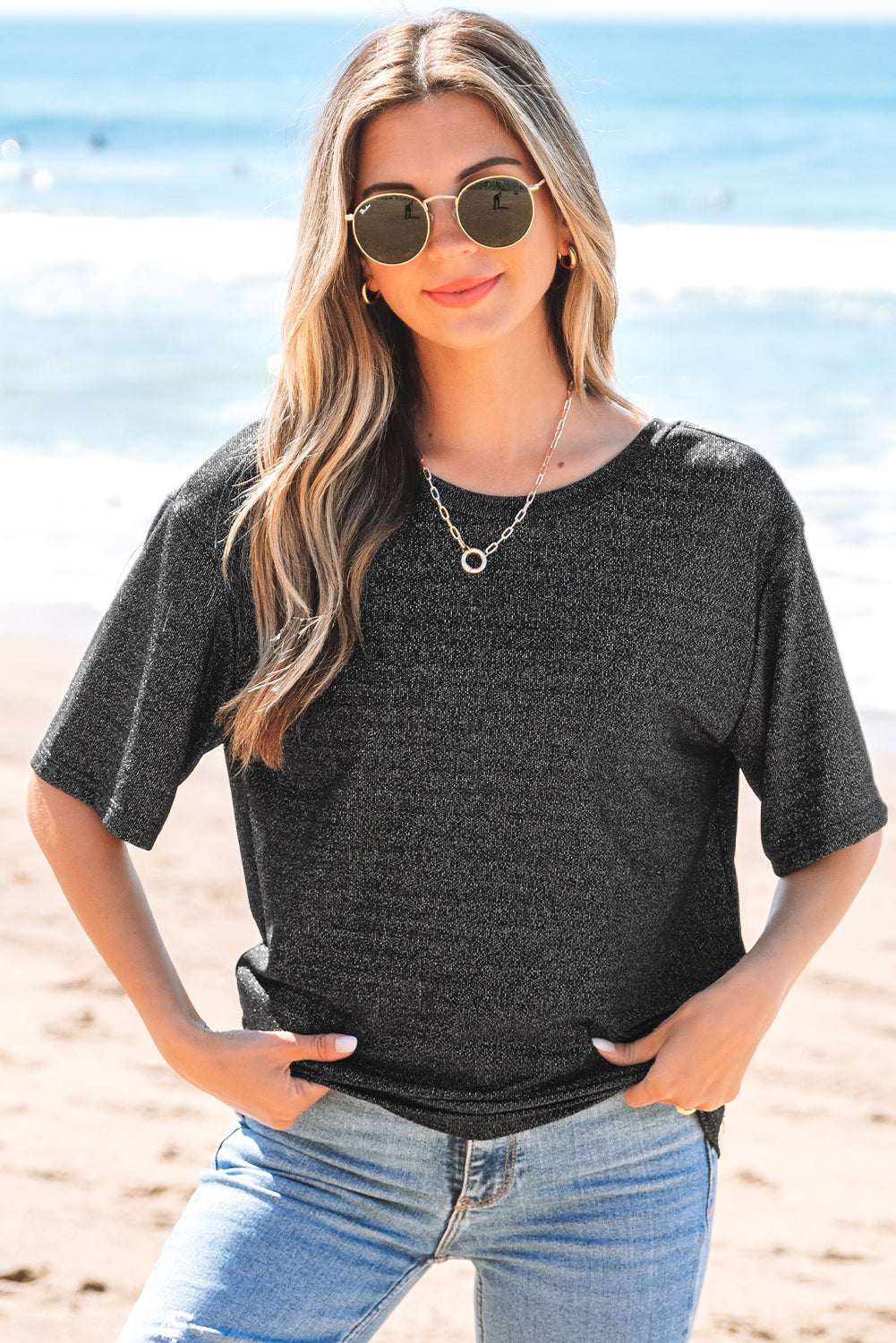 Black Bow Decor Glittery Short Sleeve Top