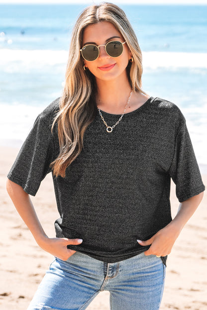 Black Bow Decor Glittery Short Sleeve Top
