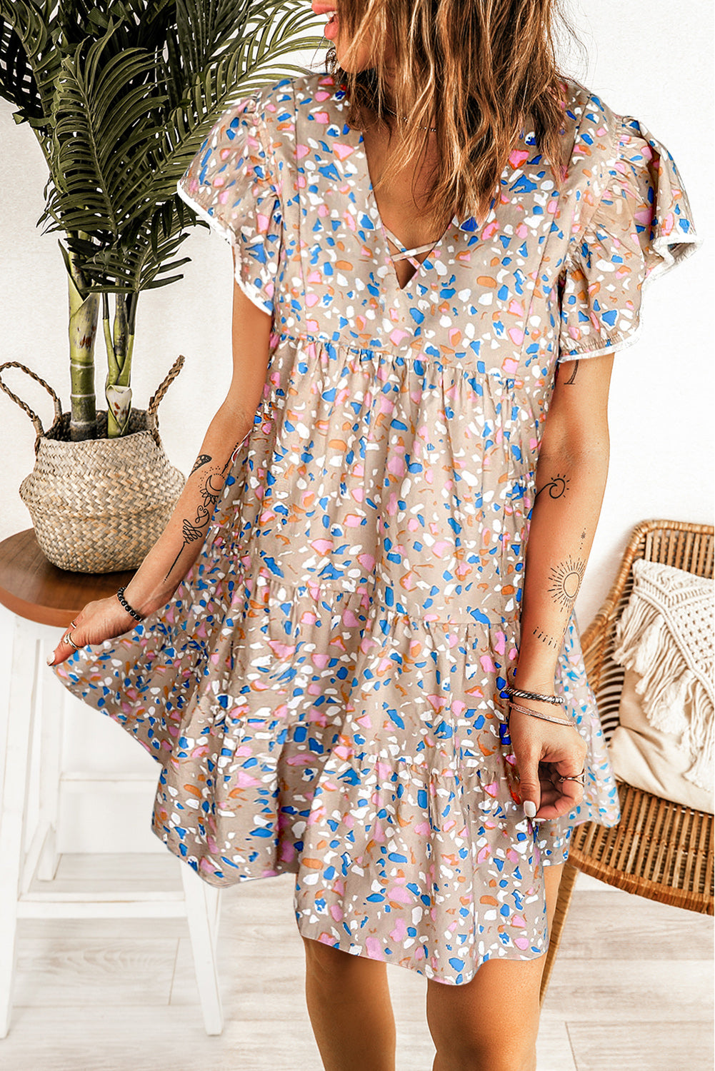 Rose Printed Crisscross Decor V Neck Flutter Sleeve Dress