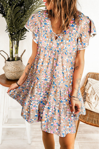 Rose Printed Crisscross Decor V Neck Flutter Sleeve Dress