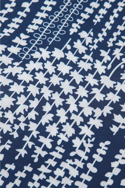 Sky Blue Abstract Print Ric Rac Trim Flutter Sleeve Notch V Neck Blouse