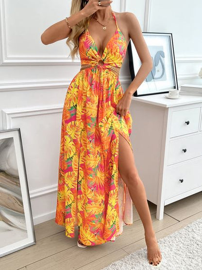 Printed Backless Side Slit Halter Dress H6VE68KF2K
