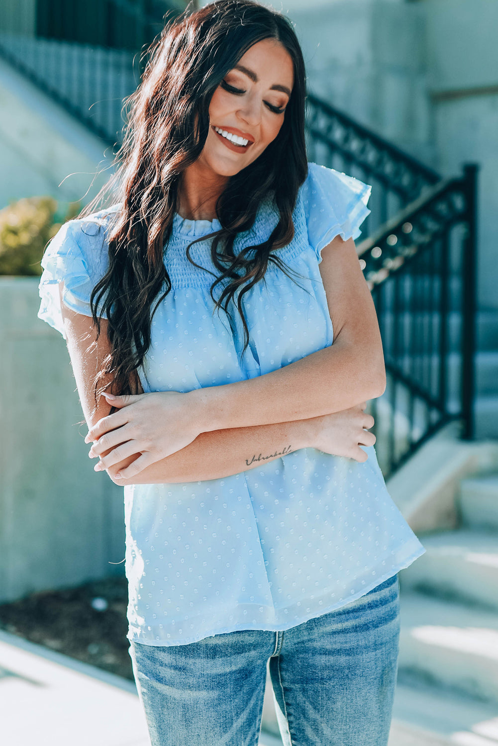 Green Tiered Sleeve Frilled Neck Dotted Top