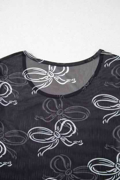 Black Round Neck Bow Print Long Sleeve Mesh Top